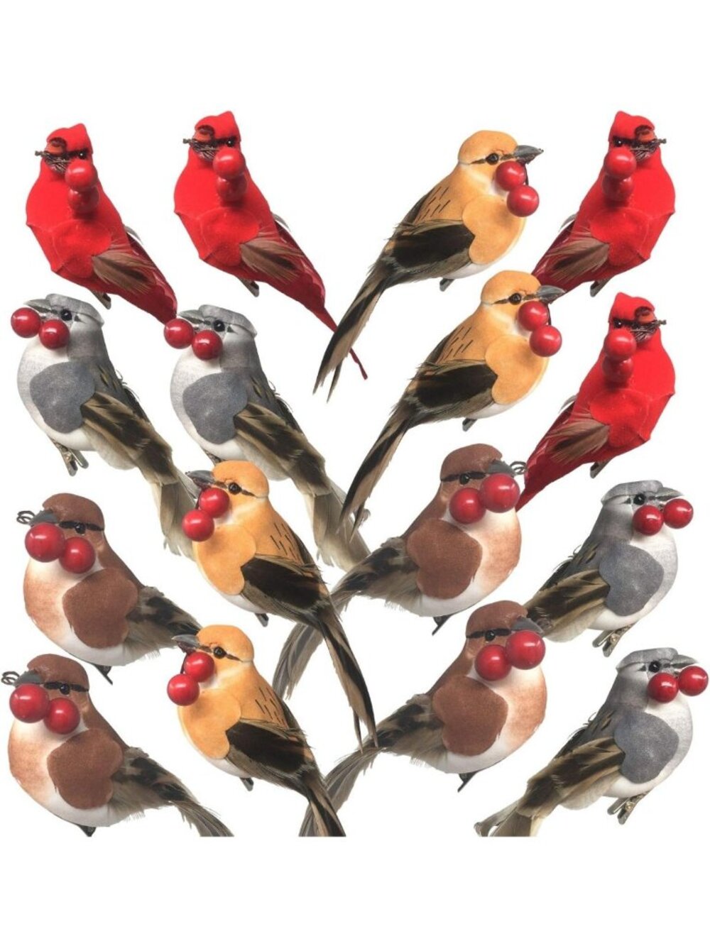 Set of 16 Clip-On Feathered Bird Ornaments - Cardinals, Finches & More for